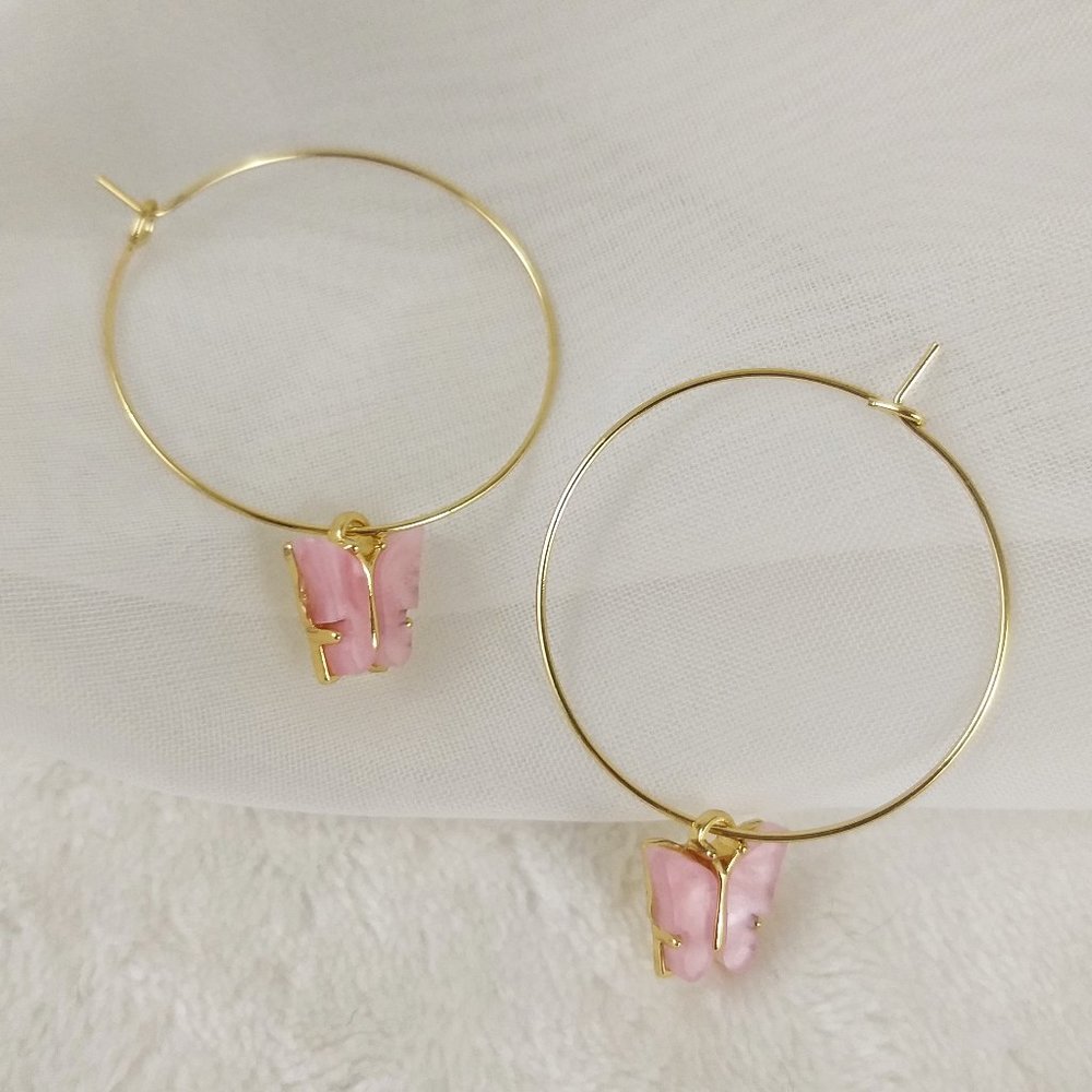 Butterfly Hoop Pink Gold Charm Earrings